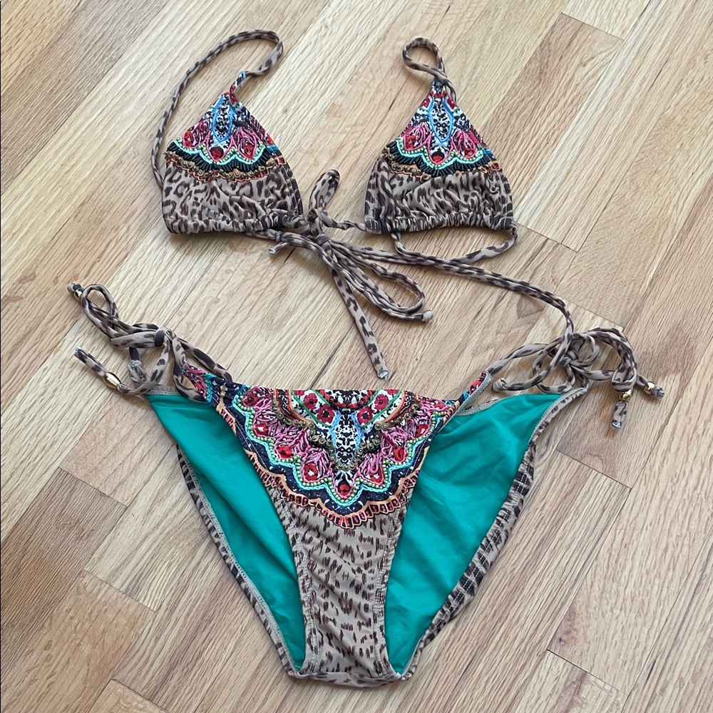 PilyQ Leopard Print Bikini with Teal Accents